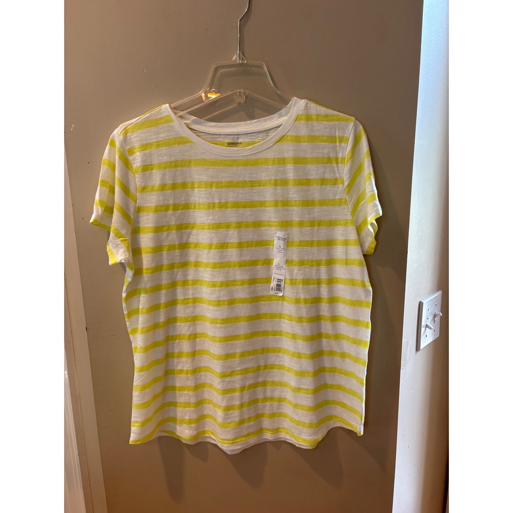 Sonoma Goods For Life Women Yellow White Striped Everyday Tee Short Sleeve L NEW